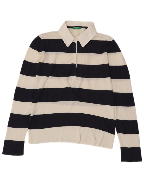 BENETTON Γυναικείο πλεκτό μπλουζάκι ράγκμπι πόλο UK 14 μεσαίο λευκό ριγέ