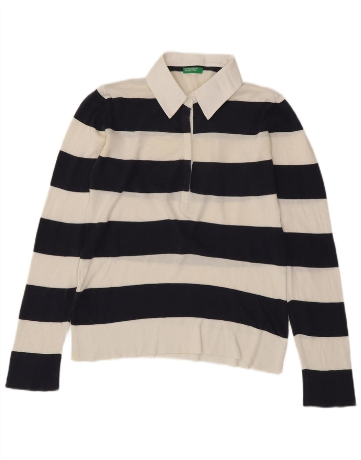 BENETTON Γυναικείο πλεκτό μπλουζάκι ράγκμπι πόλο UK 14 μεσαίο λευκό ριγέ