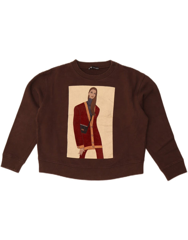 Γυναικεία Zara Crop Graphic Φούτερ Jumper UK 10 Small Brown