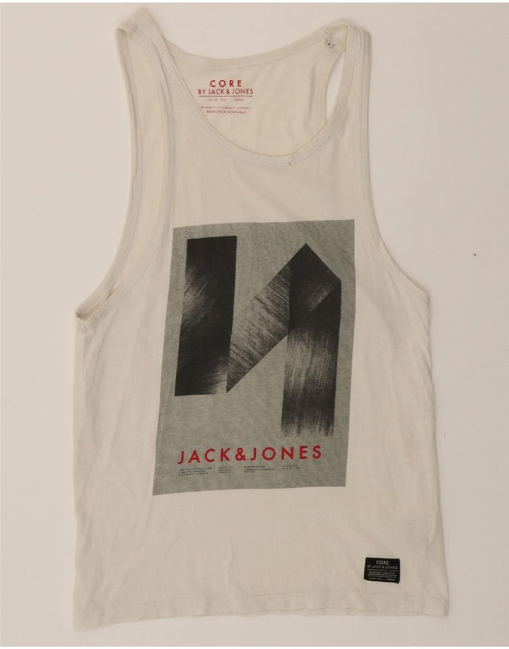 JACK & JONES Mens Graphic Vest Top Small Off White Cotton Vintage Jack & Jones and Second-Hand Jack & Jones from Messina Hembry 