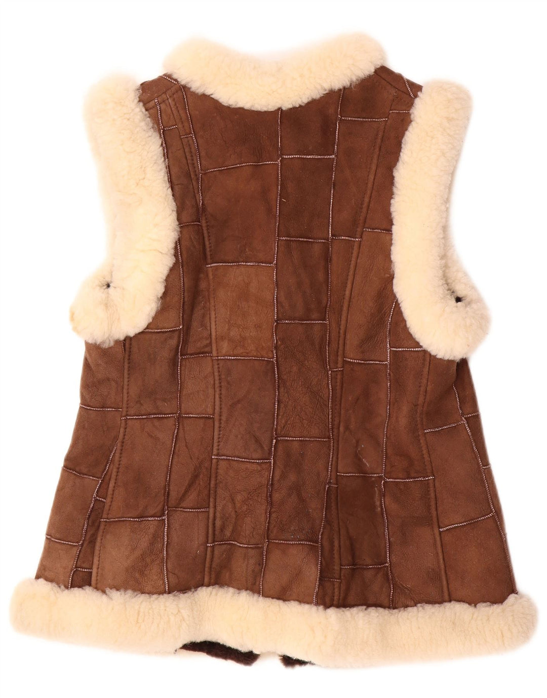 VINTAGE Γυναικείο Shearling Gilet EU 36 Μικρό Καφέ Δέρμα Patchwork