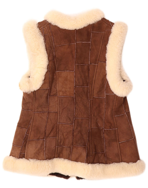 VINTAGE Γυναικείο Shearling Gilet EU 36 Μικρό Καφέ Δέρμα Patchwork