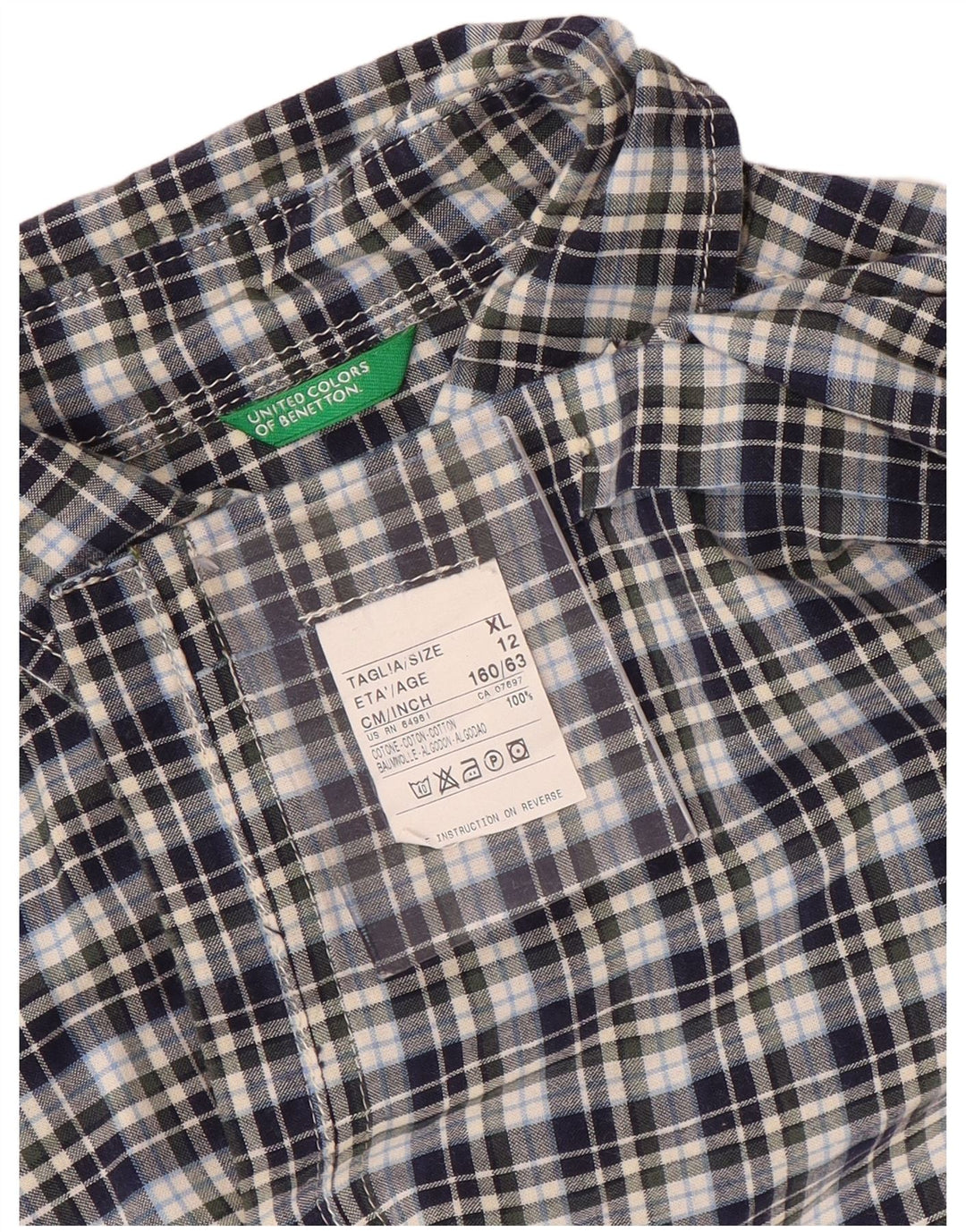 BENETTON Αγόρια κοντομάνικο πουκάμισο 11-12 ετών XL Navy Blue Check Cotton