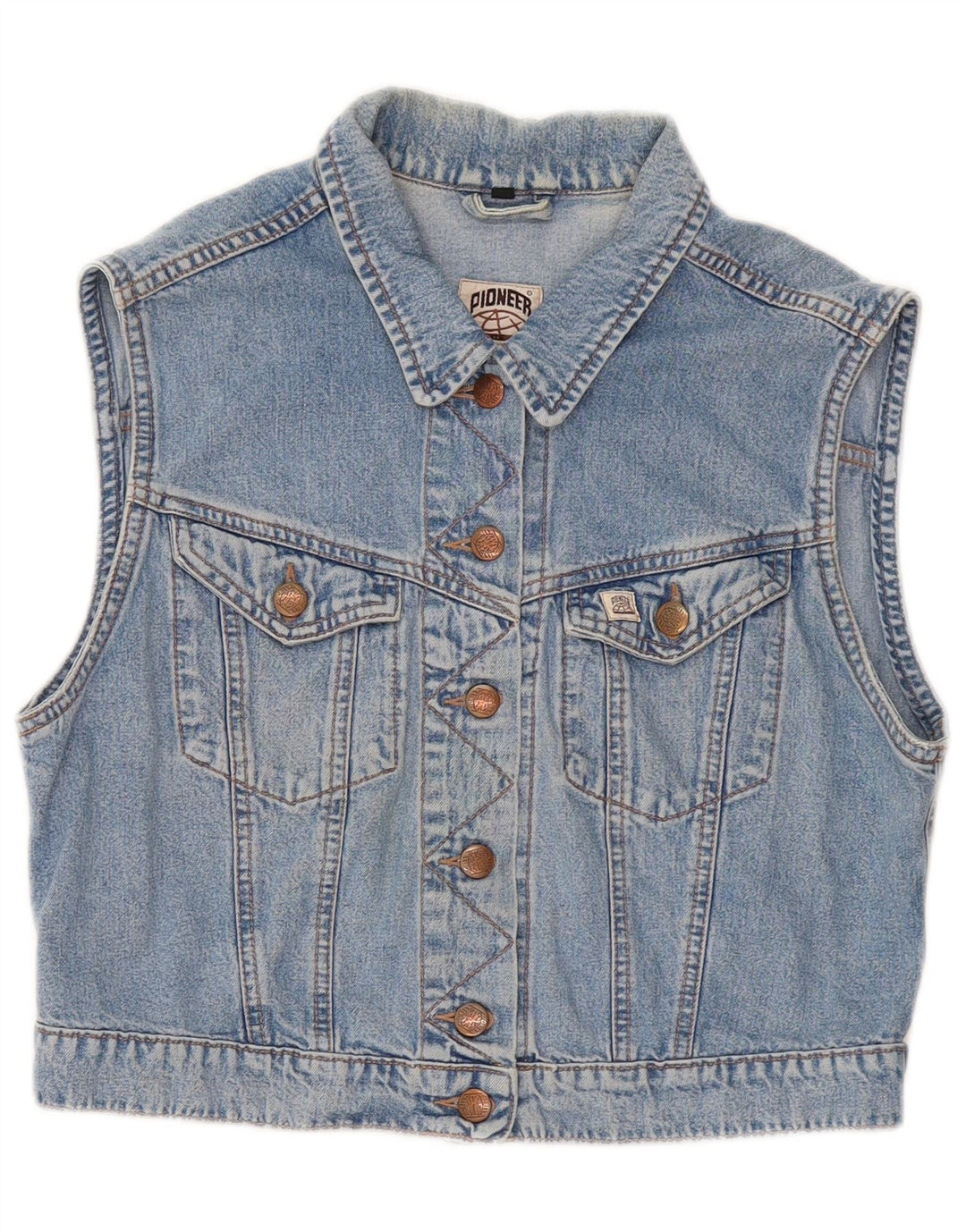 PIONEER Womens Crop Denim Gilet UK 14 Medium Blue Cotton