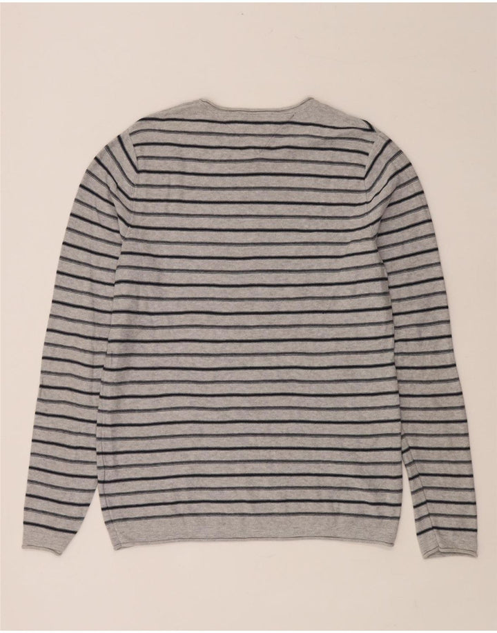 TOMMY HILFIGER Ανδρικό πουλόβερ με λαιμόκοψη, μεσαίο γκρι βαμβακερό ριγέ