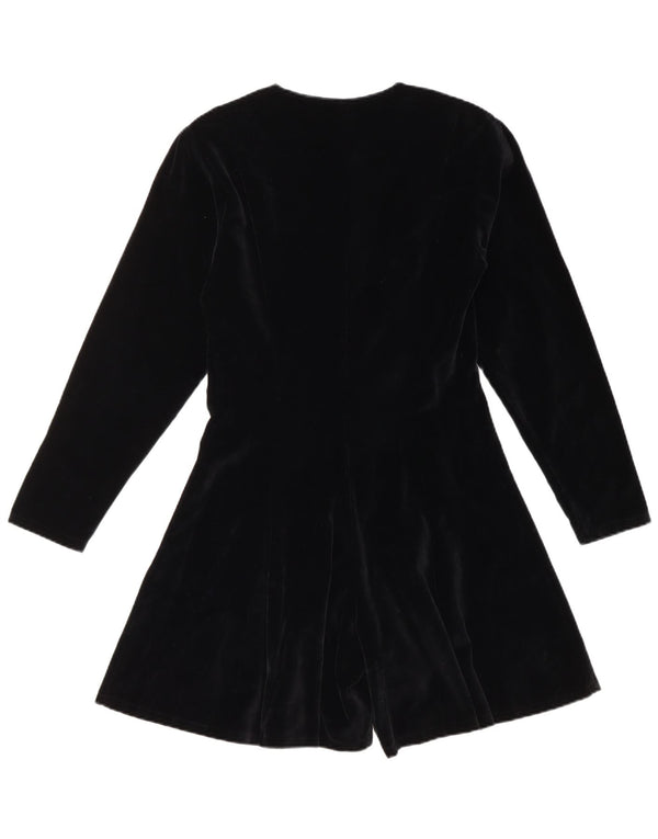 Vintage γυναικείο μακρυμάνικο βελούδινο Playsuit UK 14 μεγάλο μαύρο βαμβακερό