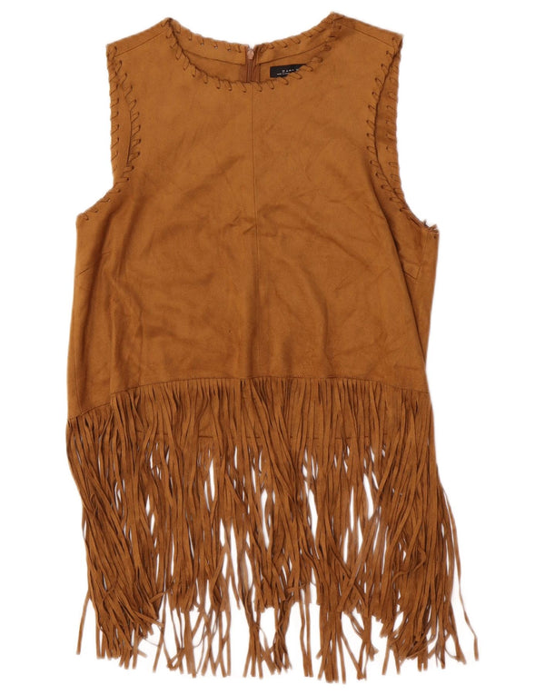 Zara Γυναικεία Αμάνικη Faux Suede Μπλούζα Top UK 14 Large Brown