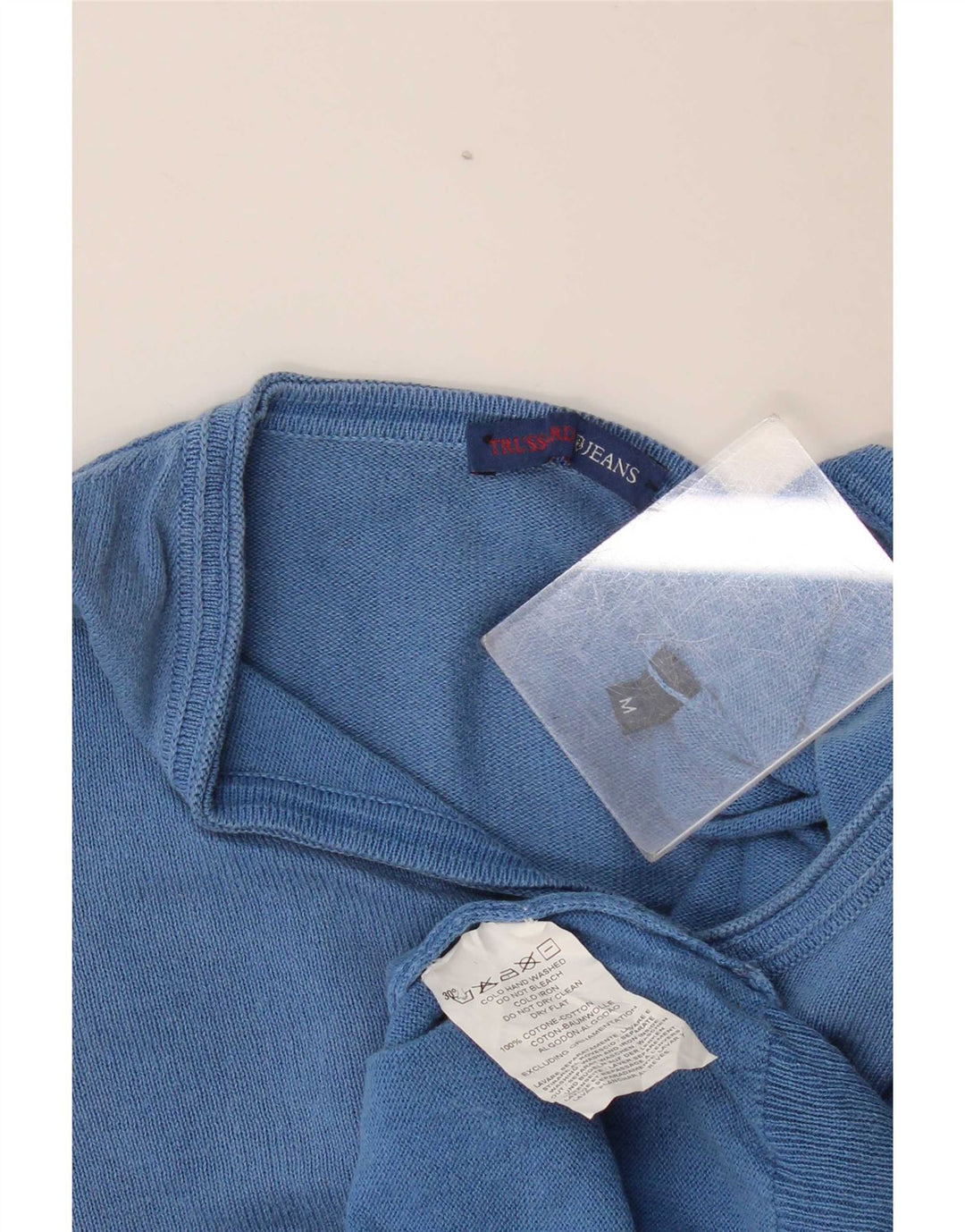 Ανδρικό πουλόβερ Trussardi Jeans με V λαιμόκοψη, μεσαίο μπλε βαμβακερό