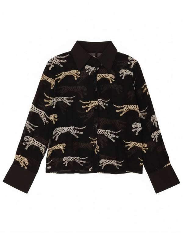 Vintage γυναικείο πουκάμισο μπλούζα UK 14 Large Black Animal print Viscose