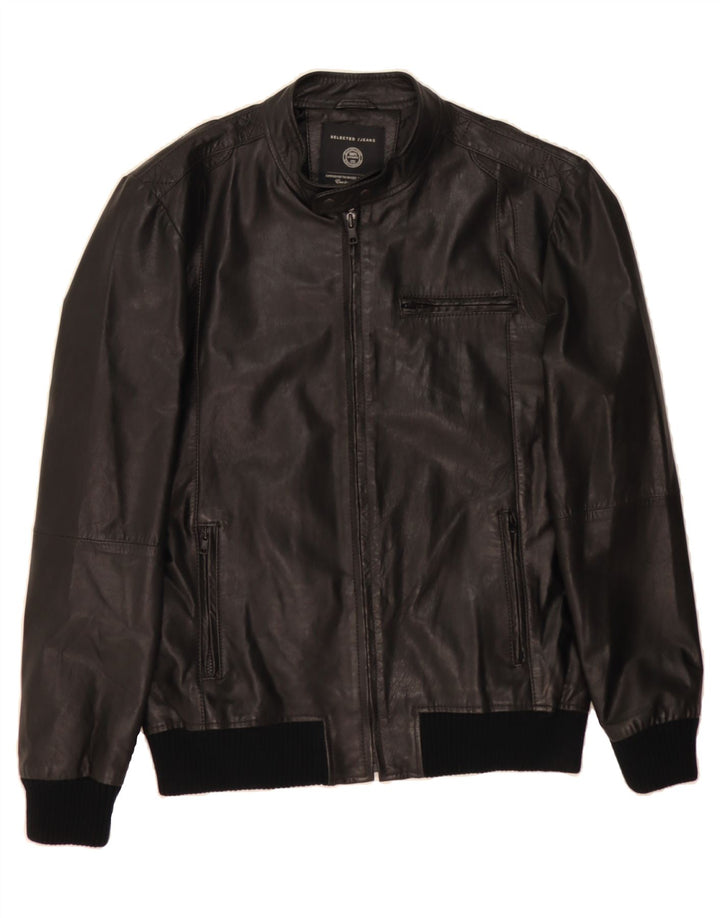 SELECTED Womens Bomber Leather Jacket UK 18 XL Black Leather Vintage Selected and Second-Hand Selected from Messina Hembry 