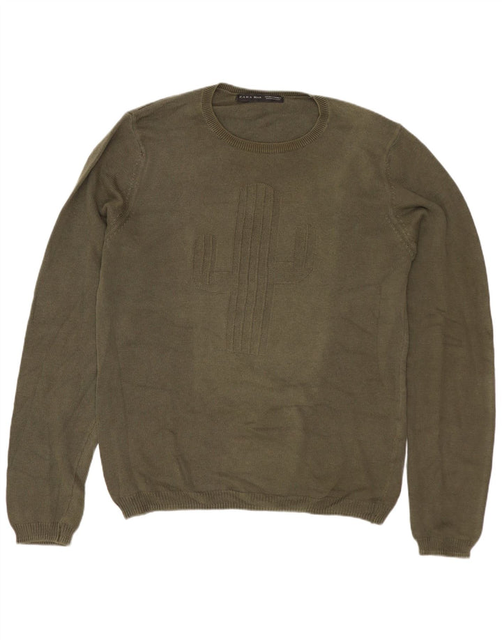 Ανδρικό πουλόβερ ZARA Graphic Crew Neck Jumper Medium Khaki Βαμβακερό