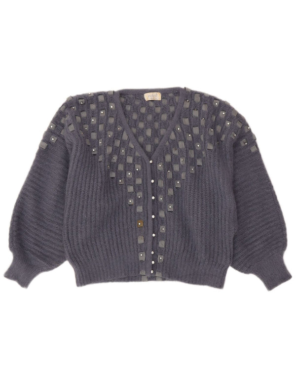 Vintage γυναικείο Crop Cardigan πουλόβερ UK 16 Large Grey Geometric Angora