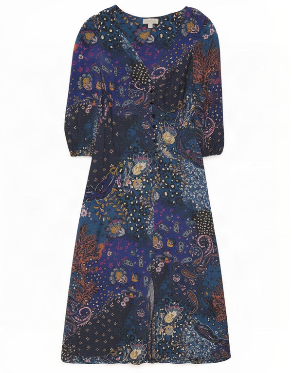 Monsoon γυναικείο μάξι φόρεμα 3/4 με μανίκια UK 10 Small Blue Paisley Βαμβακερό