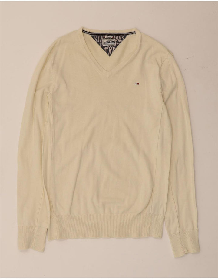 Ανδρικό πουλόβερ Tommy Hilfiger με V λαιμόκοψη, μεσαίο βαμβακερό μπεζ
