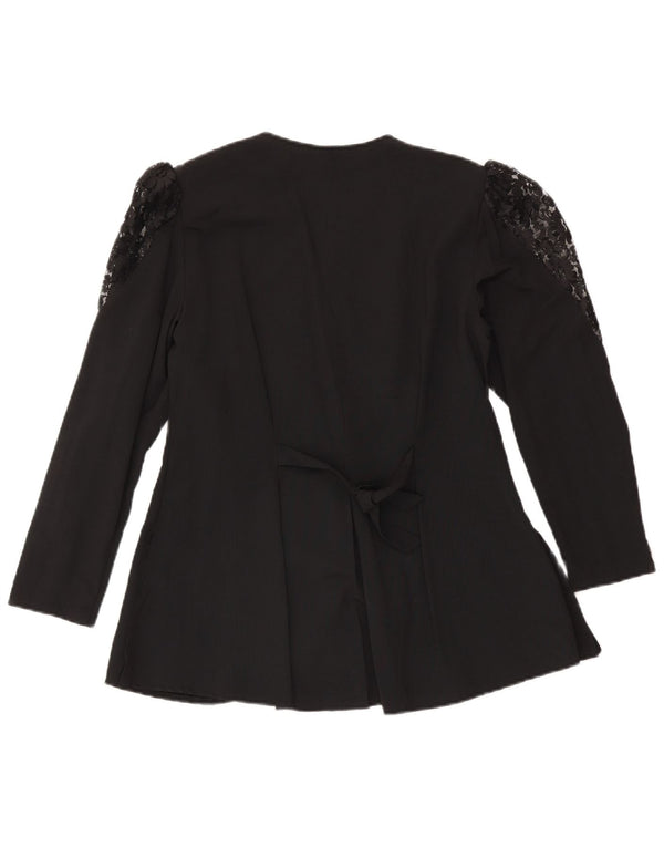 Vintage Womens Long Sleeve Shirt Blouse UK 14 Medium Black Floral Designer
