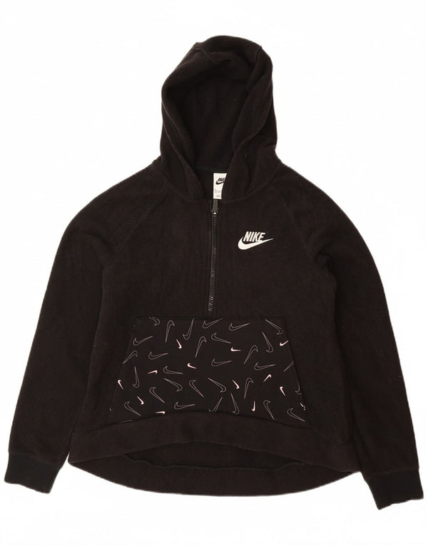 NIKE Girls Graphic Zip Neck Fleece Jumper 13-14 Years XL Black Polyester