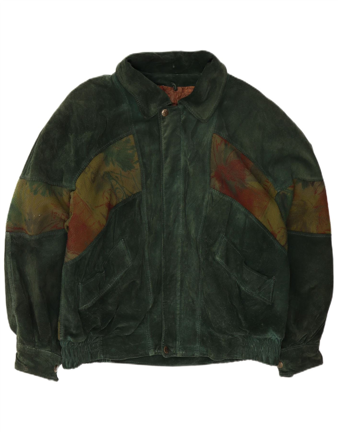 Vintage Ανδρικό Αφηρημένο Σχέδιο Suede Bomber Jacket IT 50 Large Green Leather