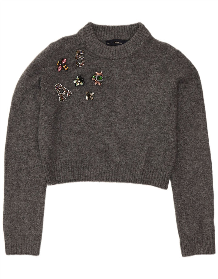 Zara γυναικείο υπερμεγέθη γραφικό πουλόβερ με λαιμόκοψη UK 10 Small Grey