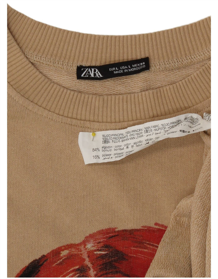 Zara Γυναικεία φούτερ με αφηρημένο σχέδιο Jumper UK 16 Μεγάλο μπεζ βαμβακερό