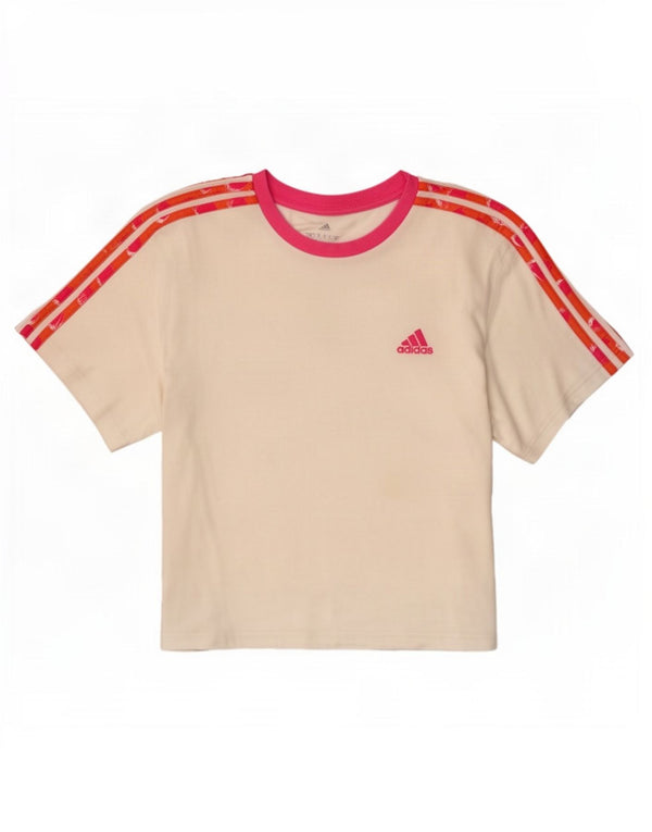 Adidas Γυναικείο T-Shirt Crop γραφικό τοπ UK 12/14 Μεσαίο λευκό βαμβακερό
