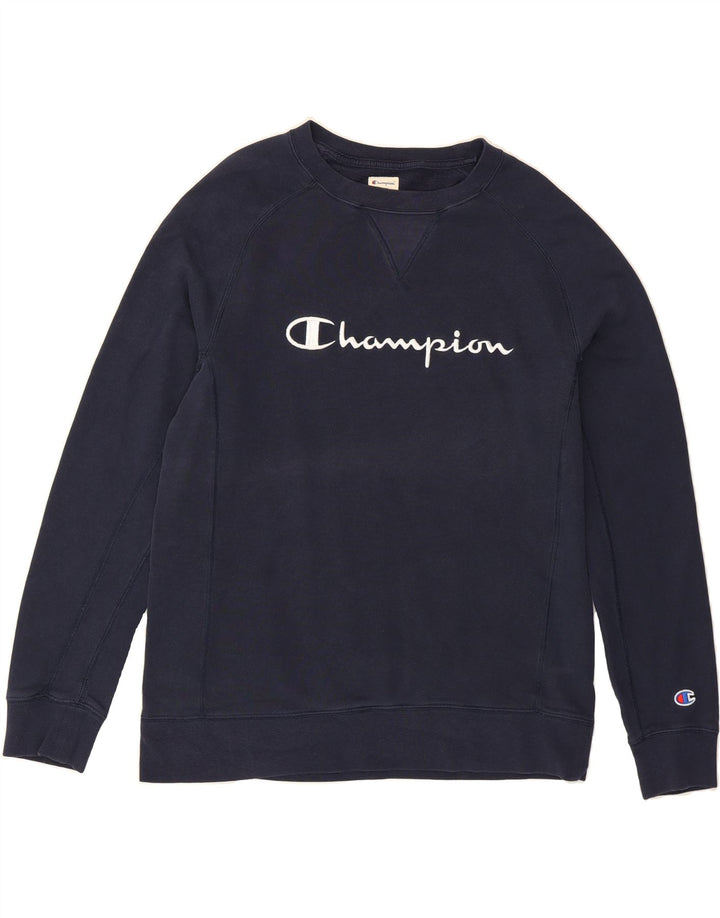 CHAMPION Mens Moyen Graphic Sweatshirt Jumper Medium Navy Blue Cotton Vintage Champion and Second-Hand Champion from Messina Hembry 