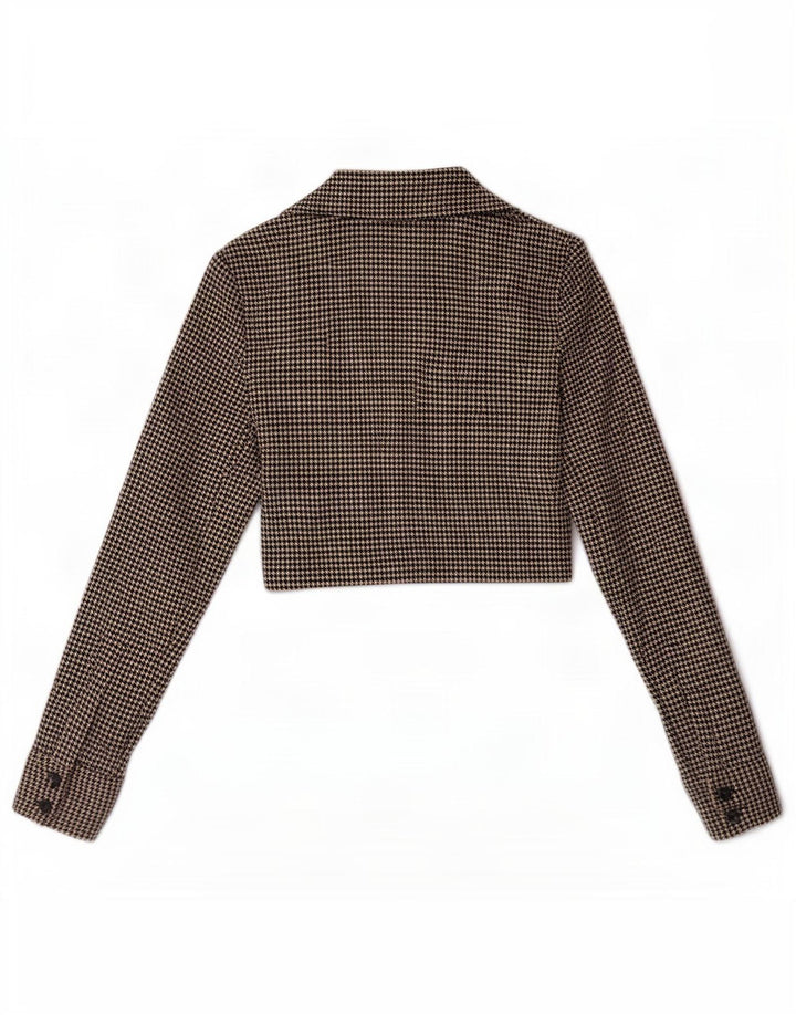 Zara Γυναικείο πουκάμισο Crop Μπλούζα UK 6 XS Καφέ Πολυεστέρας Houndstooth