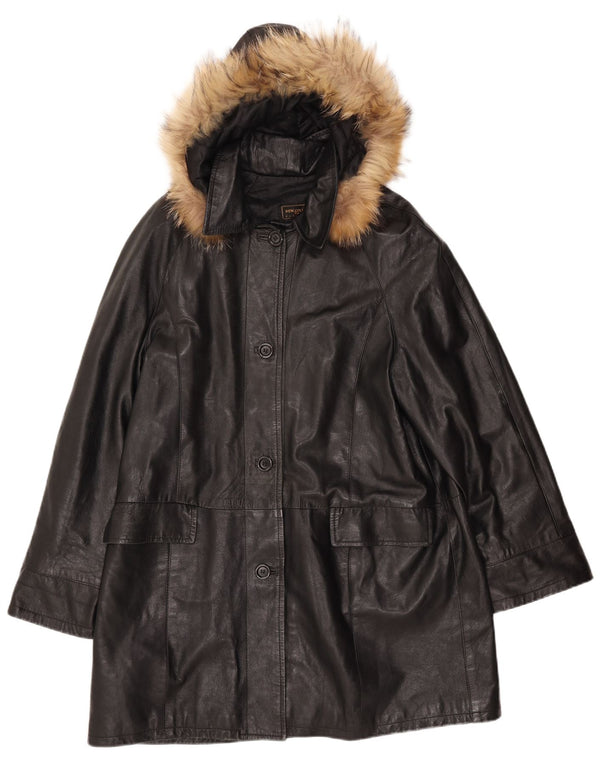 VINTAGE Γυναικείο Δερμάτινο Παλτό με Κουκούλα IT 52 2XL Μαύρο Δερμάτινο