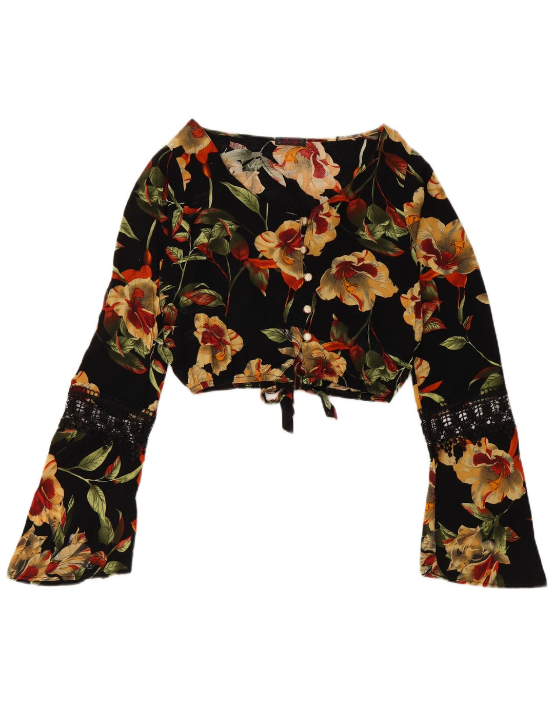 VINTAGE Γυναικείο πουκάμισο Crop Μπλούζα UK 12 Medium Black Floral Viscose