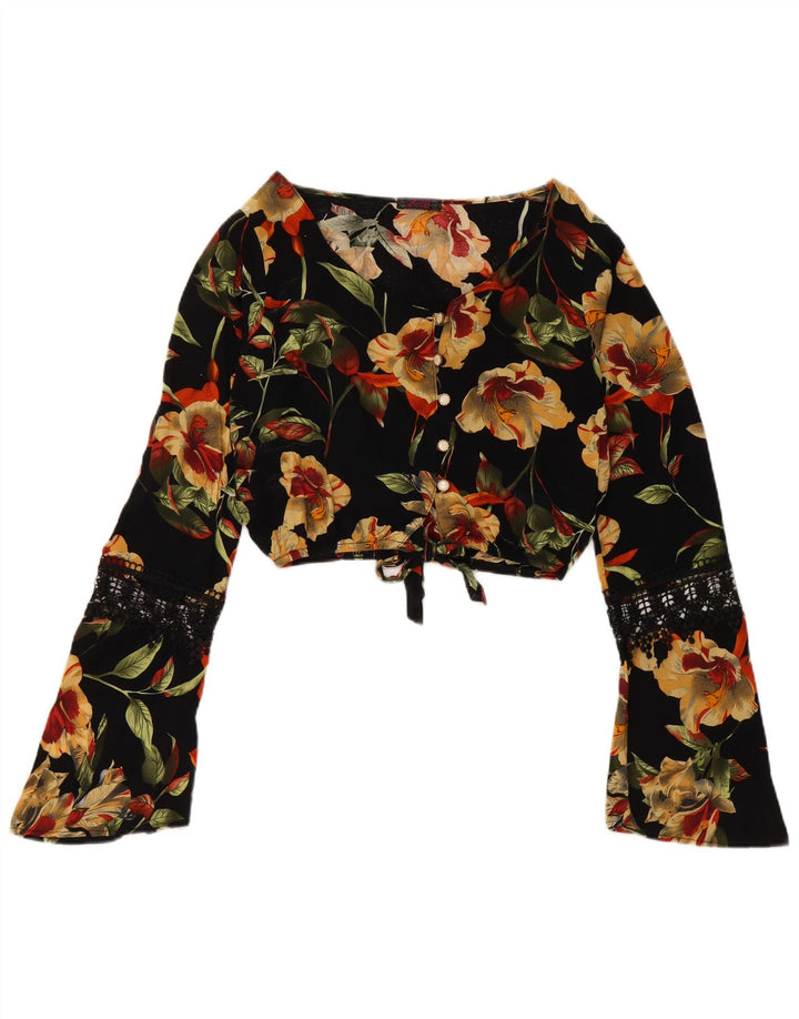 VINTAGE Γυναικείο πουκάμισο Crop Μπλούζα UK 12 Medium Black Floral Viscose