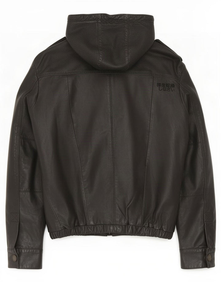 Ανδρικό δερμάτινο μπουφάν με κουκούλα Superdry UK 38 Medium Black