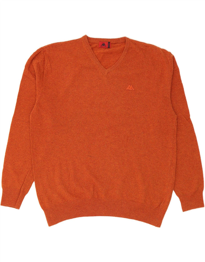 KAPPA Mens V-Neck Jumper Sweater XL Orange Lambswool Vintage Kappa and Second-Hand Kappa from Messina Hembry 