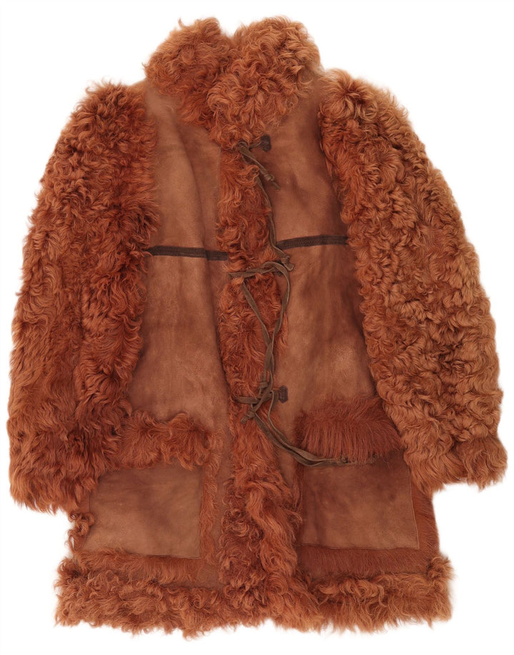 Vintage Γυναικεία Μπροστινή Γραβάτα Shearling Παλτό UK 16 Large Brown