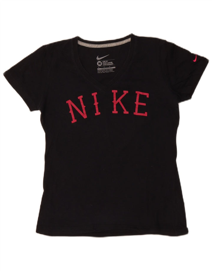 Γυναικείο γραφικό μπλουζάκι NIKE Slim Fit Top UK 12 μεσαίο μαύρο βαμβακερό