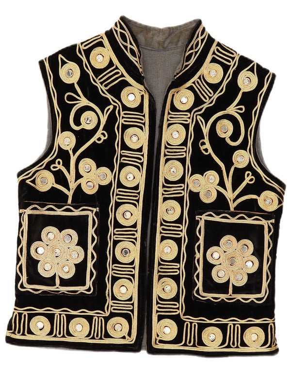 Vintage Γυναικείο OPEN Γιλέκο UK 14 Medium Black Floral Velvet