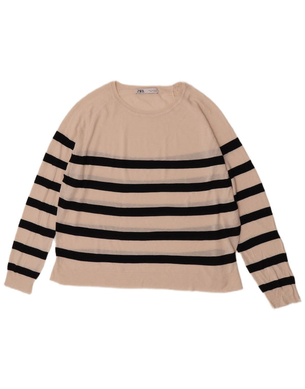 Zara γυναικείο πουλόβερ με λαιμόκαυστο UK 18 XL σε άσπρο ριγέ βισκόζη