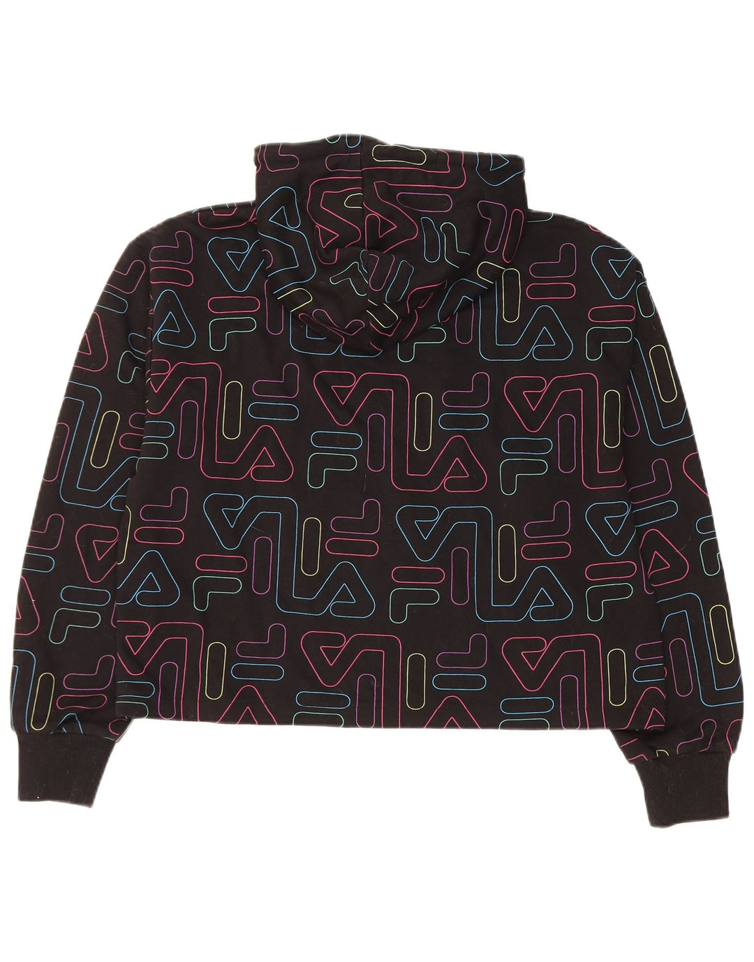 FILA Γυναικείο Crop Graphic Hoodie Jumper UK 14 Medium Black Cotton