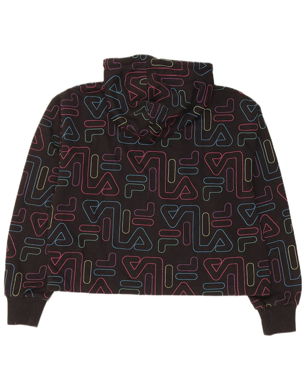FILA Γυναικείο Crop Graphic Hoodie Jumper UK 14 Medium Black Cotton