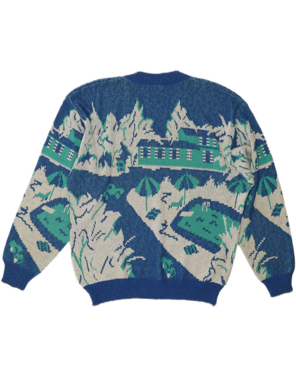 VINTAGE Γυναικείο πουλόβερ με αφηρημένο σχέδιο με V λαιμόκοψη IT 52 2XL Μπλε