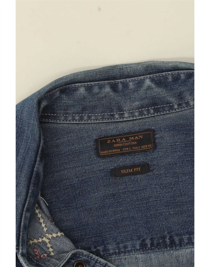 Zara Ανδρικό τζιν πουκάμισο Slim Fit μεγάλο μπλε γεωμετρικό