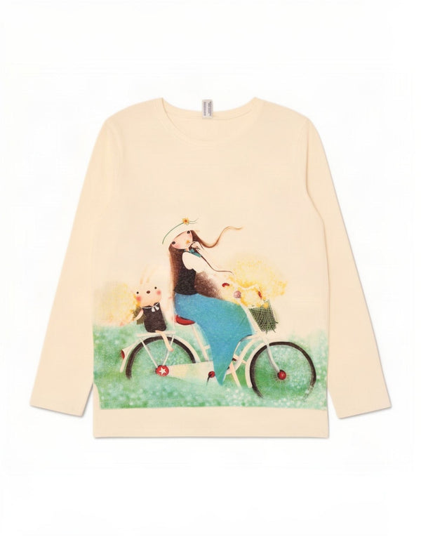 Benetton Womens Santoro Oversized Graphic Top Long Sleeve UK 10 Small White
