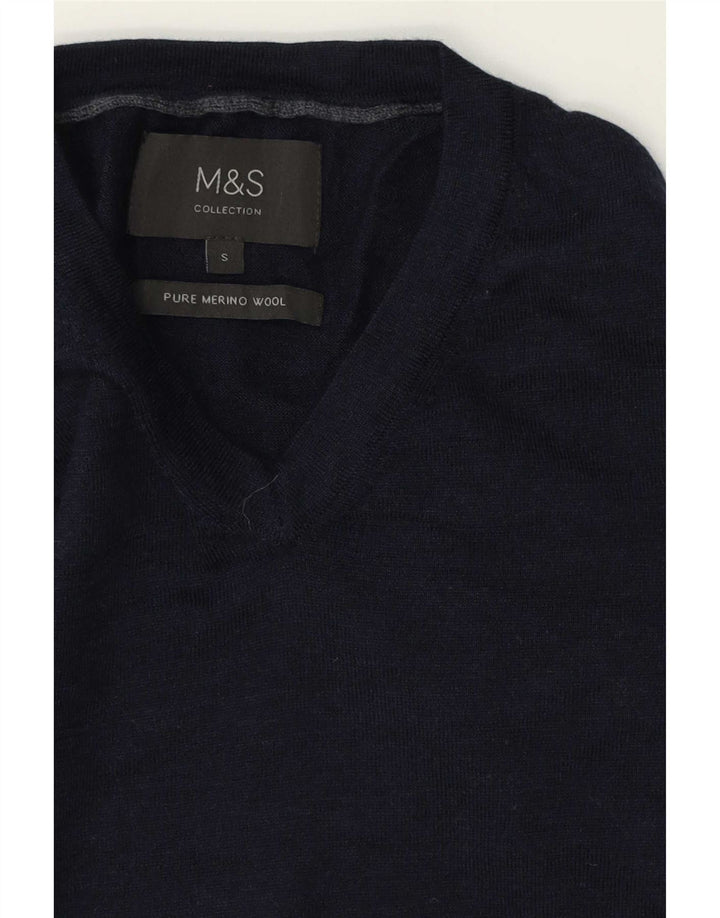 Marks & Spencer Ανδρικό πουλόβερ με λαιμόκοψη με λαιμόκοψη Μικρό Navy Blue Μαλλί Merino