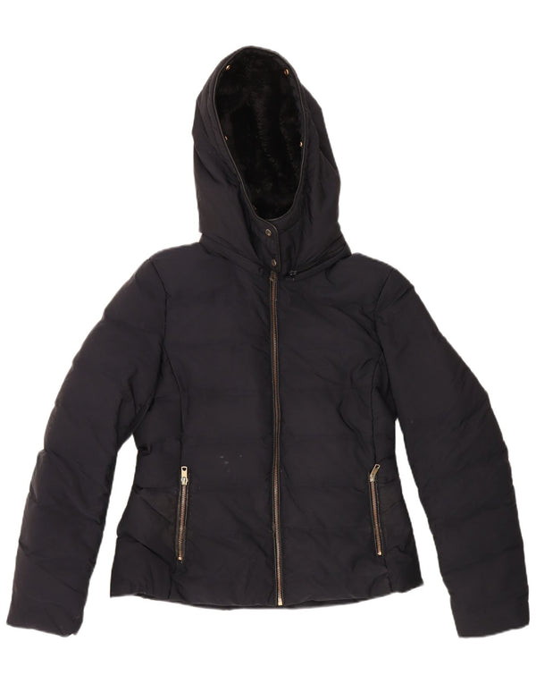 Zara Γυναικείο μπουφάν με κουκούλα Sherpa UK 16 Large Navy Blue Polyester