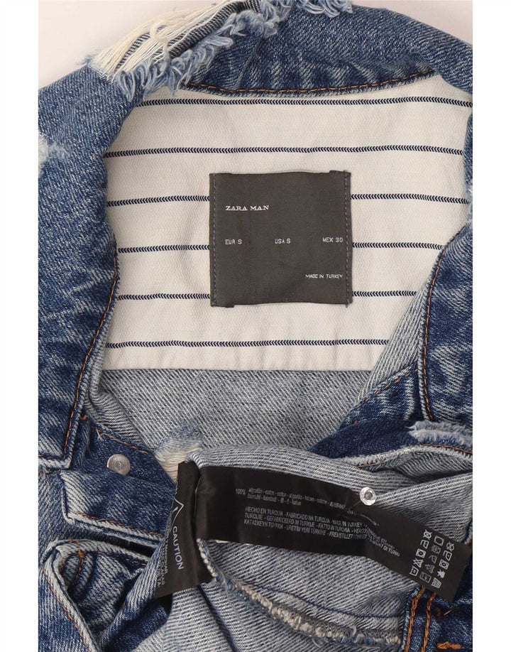 Zara Mens Distressed Denim Gilet UK 36 Small Blue Cotton