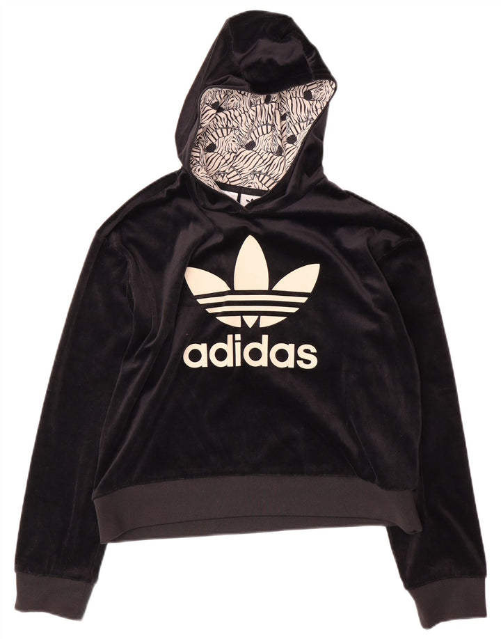 ADIDAS Girls Graphic Velor Hoodie Jumper 13-14 Years Black