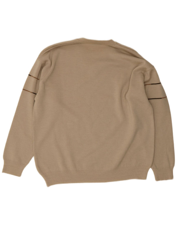 Vintage Mens V-Neck Jumper Sweater IT 50 Medium Beige Striped Polyacrylic