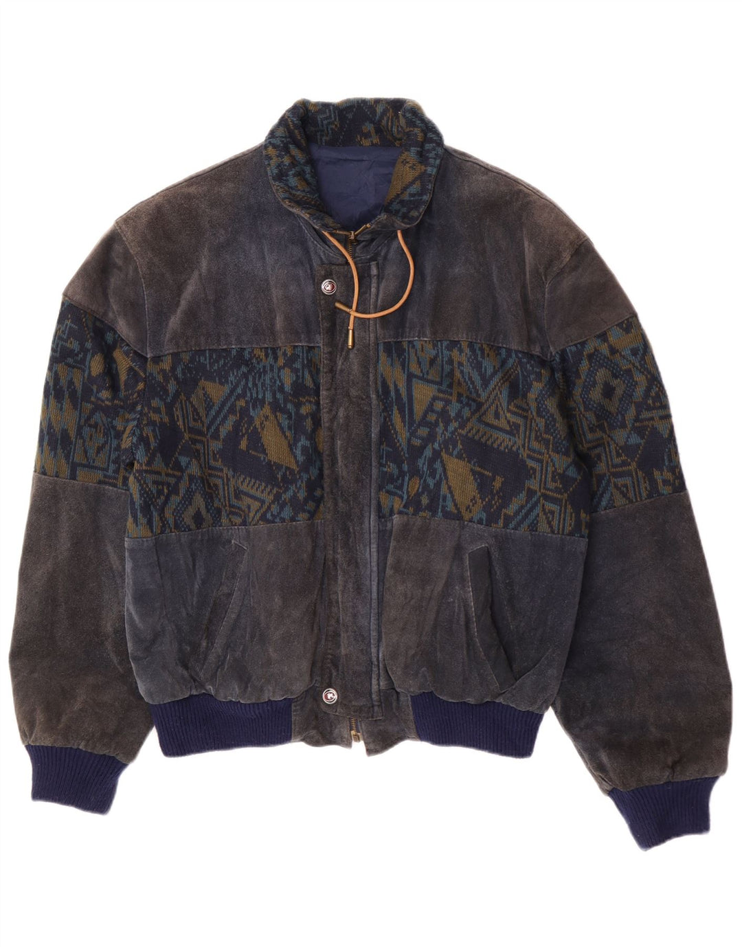 Vintage Ανδρικό Suede Bomber Jacket UK 40 Large Navy Blue Geometric
