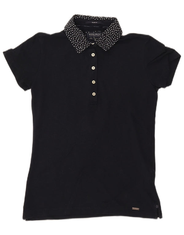 Γυναικείο μπλουζάκι πόλο WOOLRICH UK 12 μεσαίου βαθμού μπλε ναυτικό βαμβακερό με στίγματα