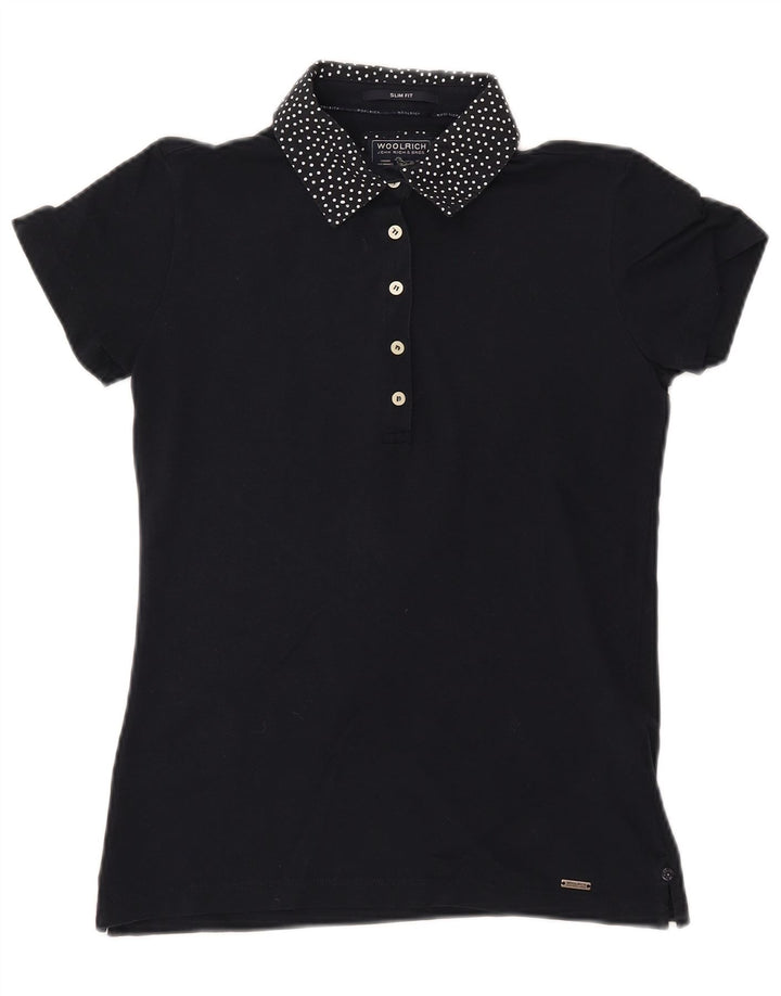 Γυναικείο μπλουζάκι πόλο WOOLRICH UK 12 μεσαίου βαθμού μπλε ναυτικό βαμβακερό με στίγματα