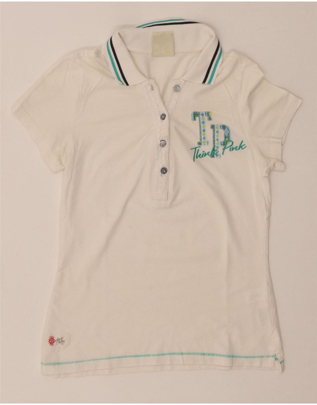 THINK PINK Γυναικείο γραφικό πόλο μπλουζάκι UK 8 μικρό λευκό βαμβακερό