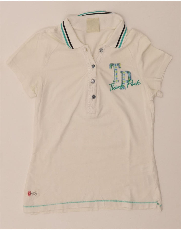 THINK PINK Γυναικείο γραφικό πόλο μπλουζάκι UK 8 μικρό λευκό βαμβακερό